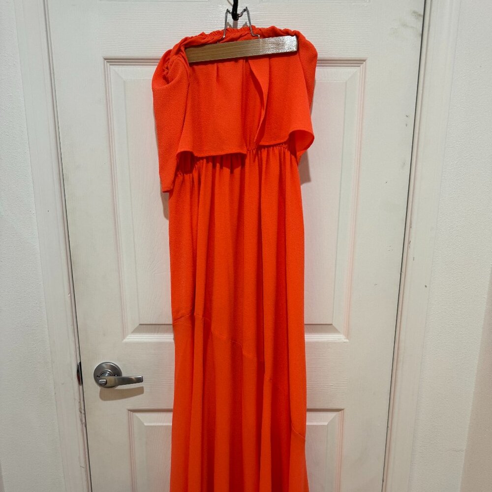 Neon coral strapless dress